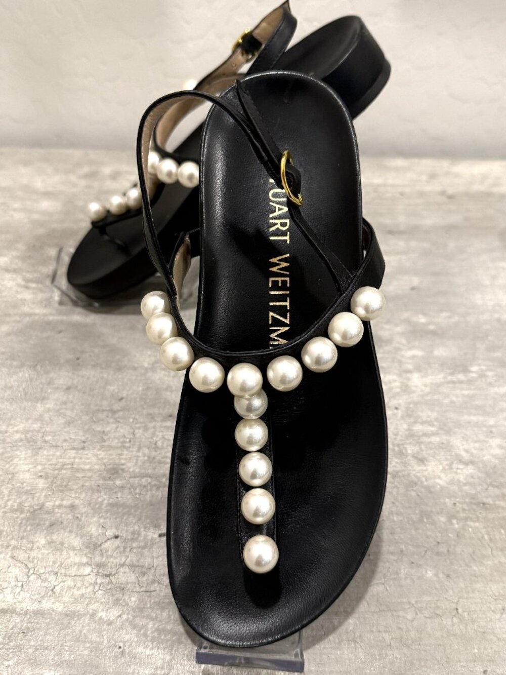 Stuart Weitzman Black Leather Pearl Sandals Size 5.5